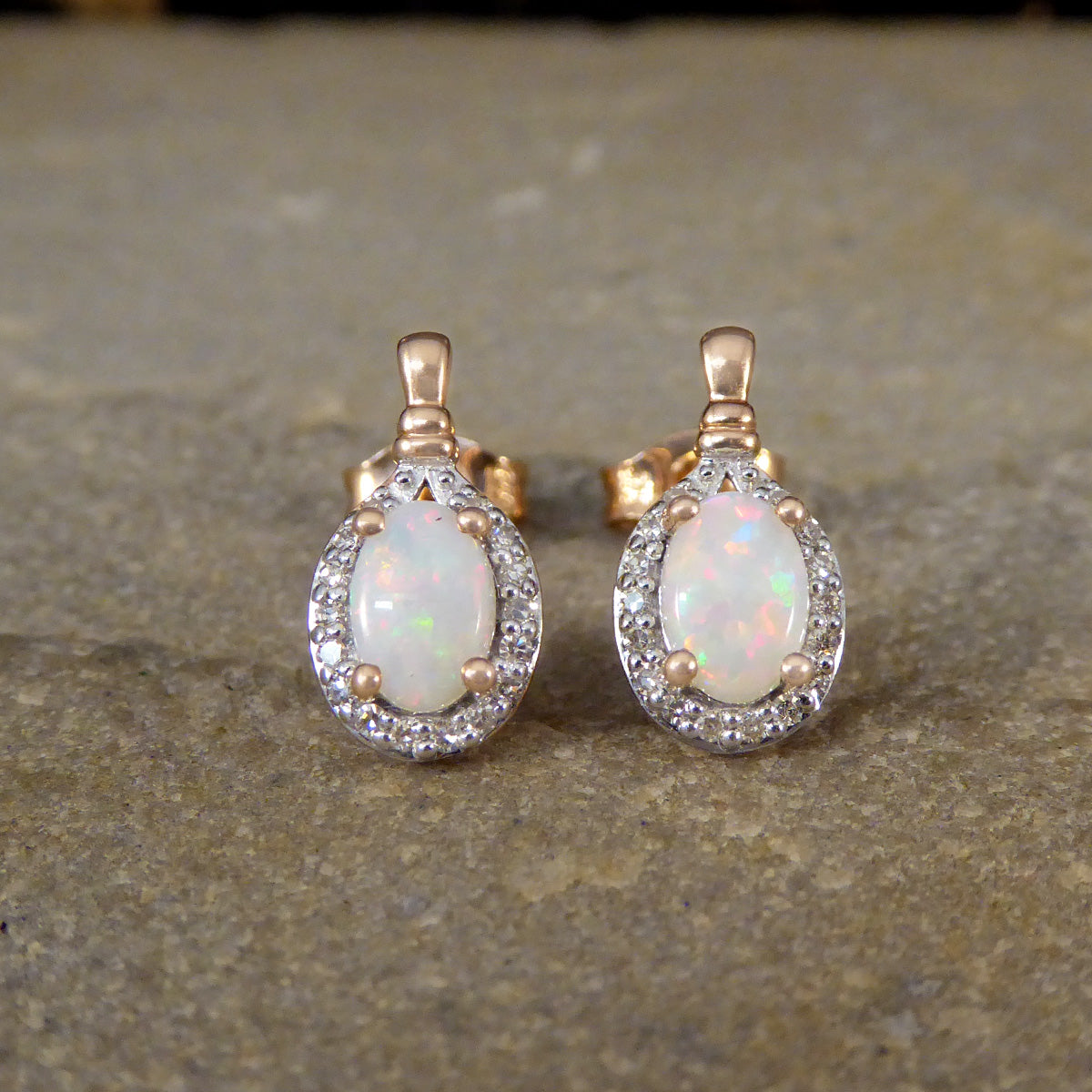 Opal and Diamond Cluster Drop Earrings in Rose Gold