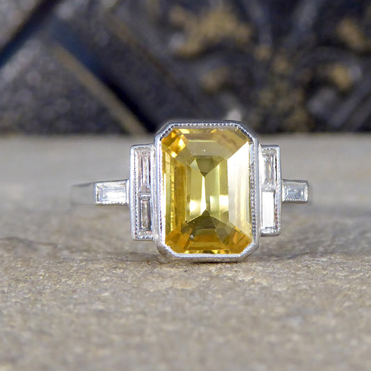 Art Deco Style Yellow Sapphire and Baguette Cut Diamond Ring in Platinum - Wharfedale Antiques