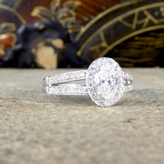 Oval Cut Diamond Cluster Ring with Diamond Set Double Strand Shoulders in 18ct White Gold - Wharfedale Antiques