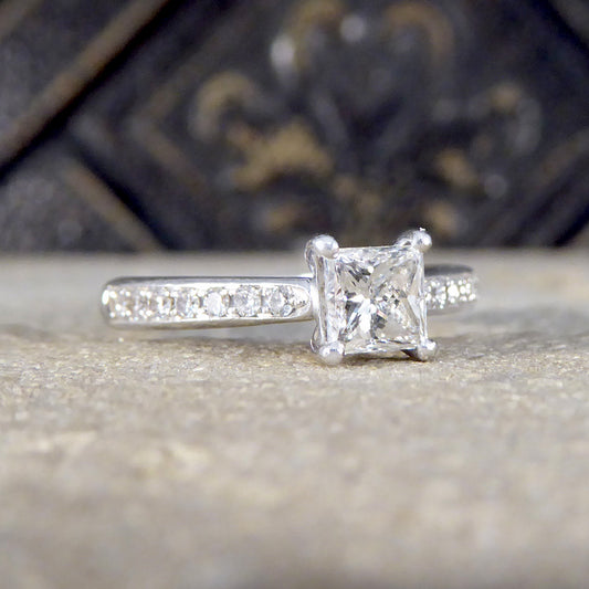Princess Cut Diamond Engagement Ring with Diamond Set Shoulders in Platinum - Wharfedale Antiques