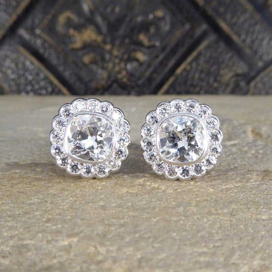 1940's Old Cushion Cut Daisy Cluster Stud Earrings in Platinum - Wharfedale Antiques