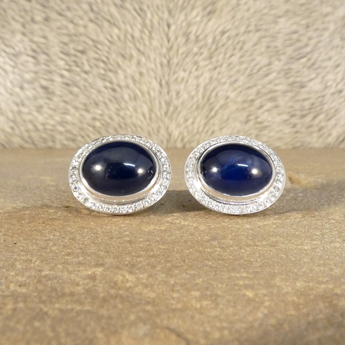 Cabochon Sapphire and Diamond Cluster Stud Earrings 18ct White Gold - Wharfedale Antiques