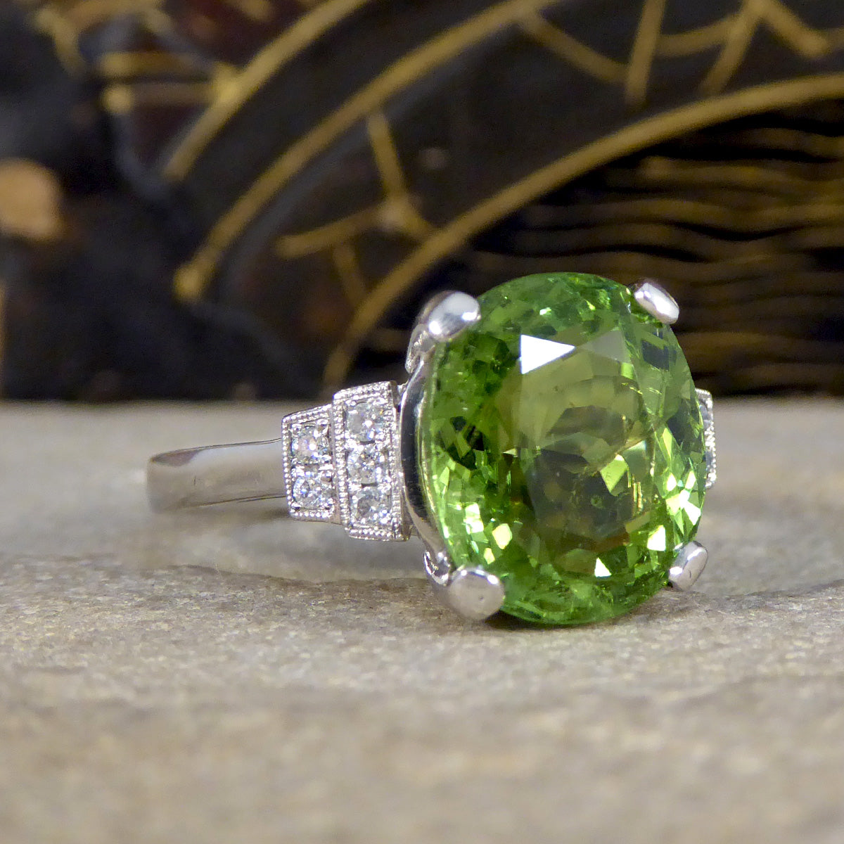 ON HOLD Green Tourmaline Ring with Diamond Staged Shoulders in Platinum