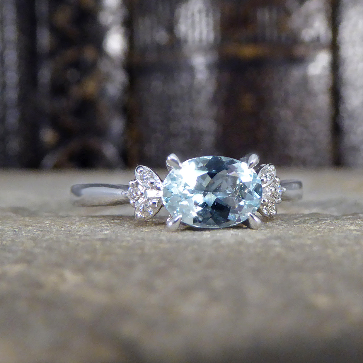 Dainty Aquamarine Ring with Diamond Set Shoulders in White Gold