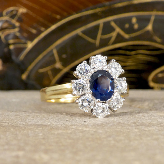 Sapphire and Diamond Oval Cluster Ring in 18ct Yellow and White Gold - Wharfedale Antiques