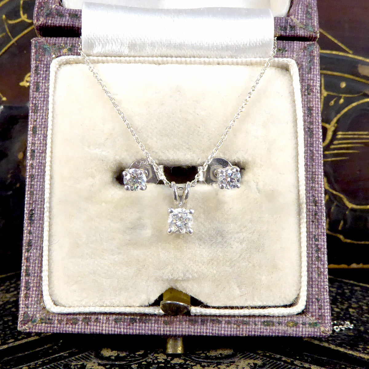 Diamond Stud Earrings and Necklace Set in White Gold - Wharfedale Antiques