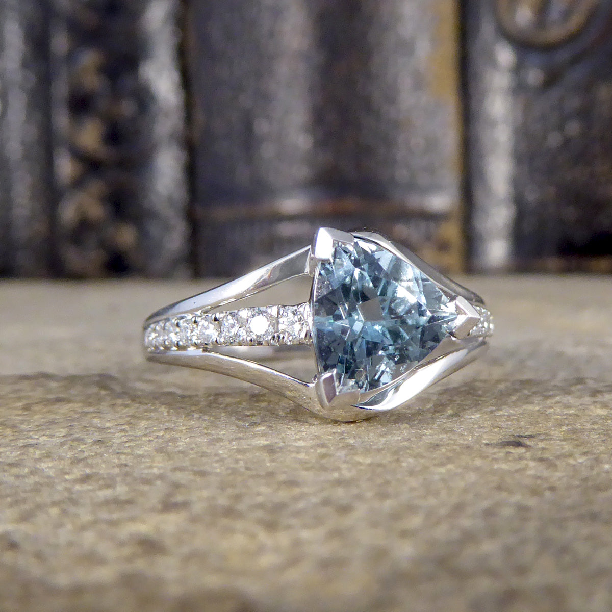 Aquamarine Trillion Cut and Diamond Set Three Strand Ring in 18ct White Gold - Wharfedale Antiques