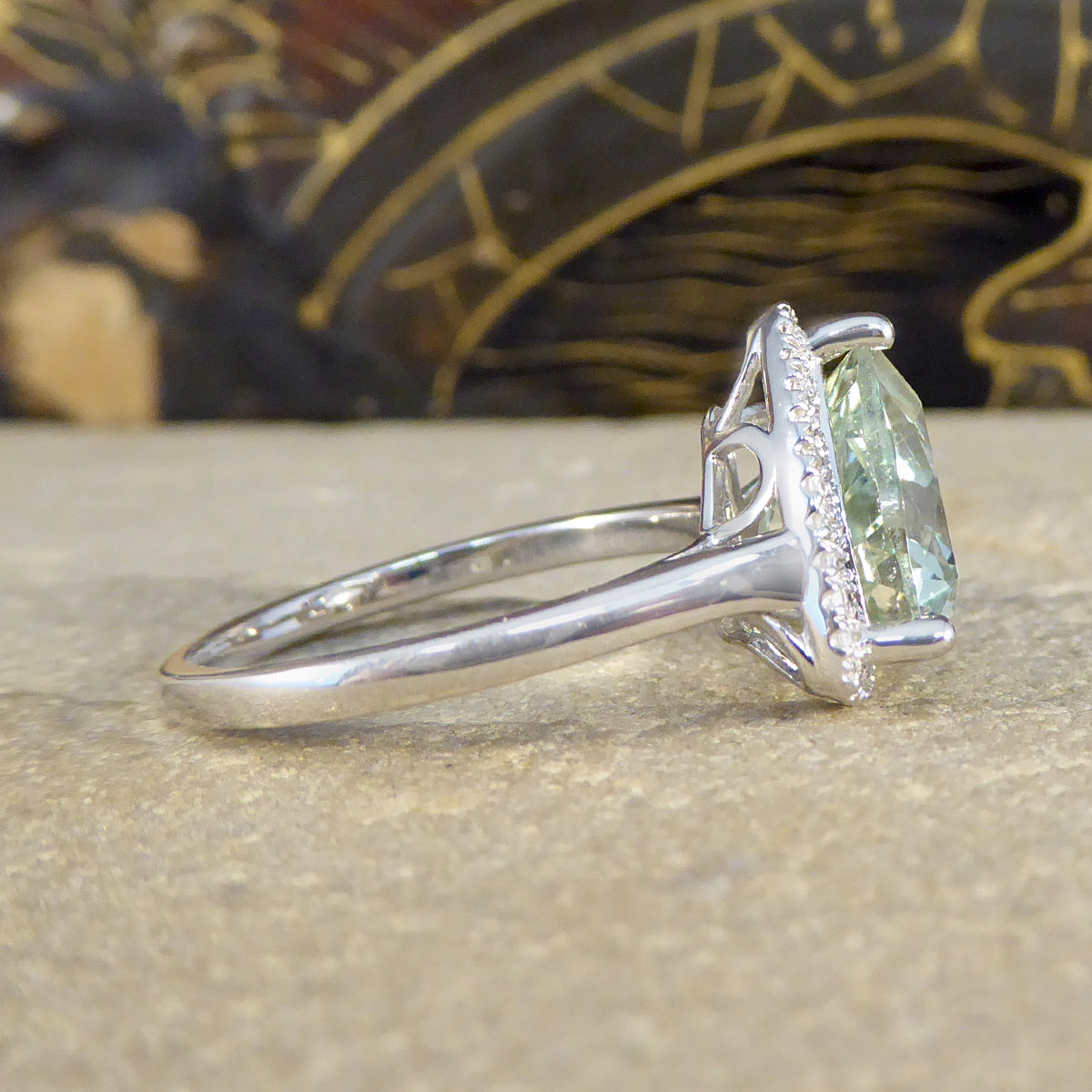 Majestic Trillion Cut Green Amethyst and Diamond Halo Dress Ring in White Gold - Wharfedale Antiques