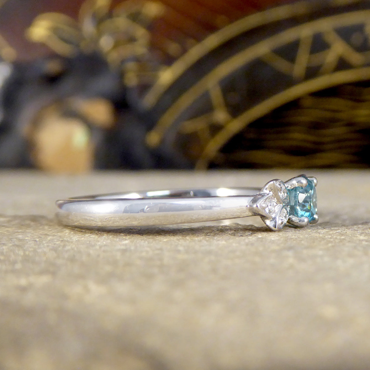 Blue Zircon and Diamond set Butterfly Ring in Platinum