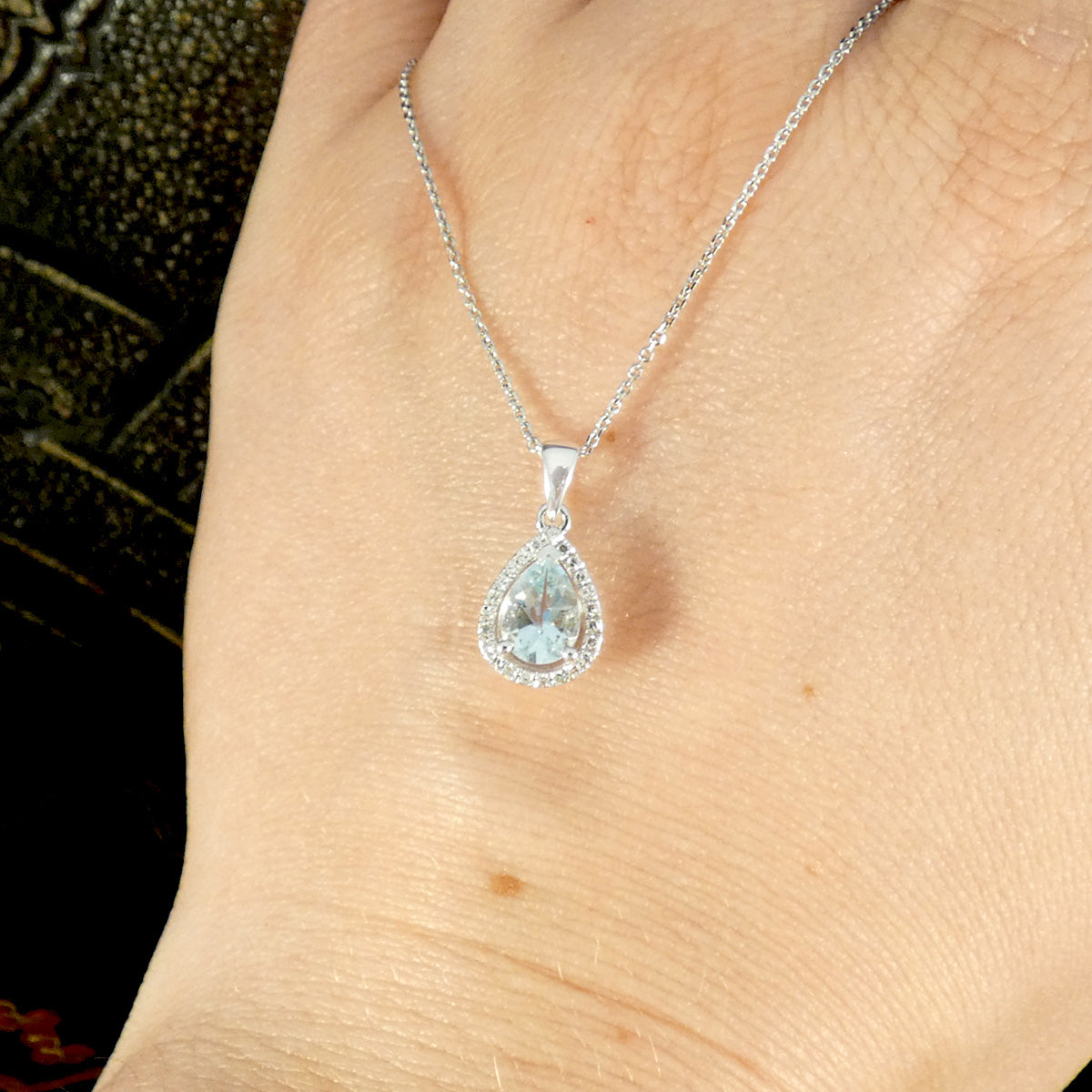 Diamond and Pear Cut Aquamarine Cluster Pendant Necklace in White Gold - Wharfedale Antiques