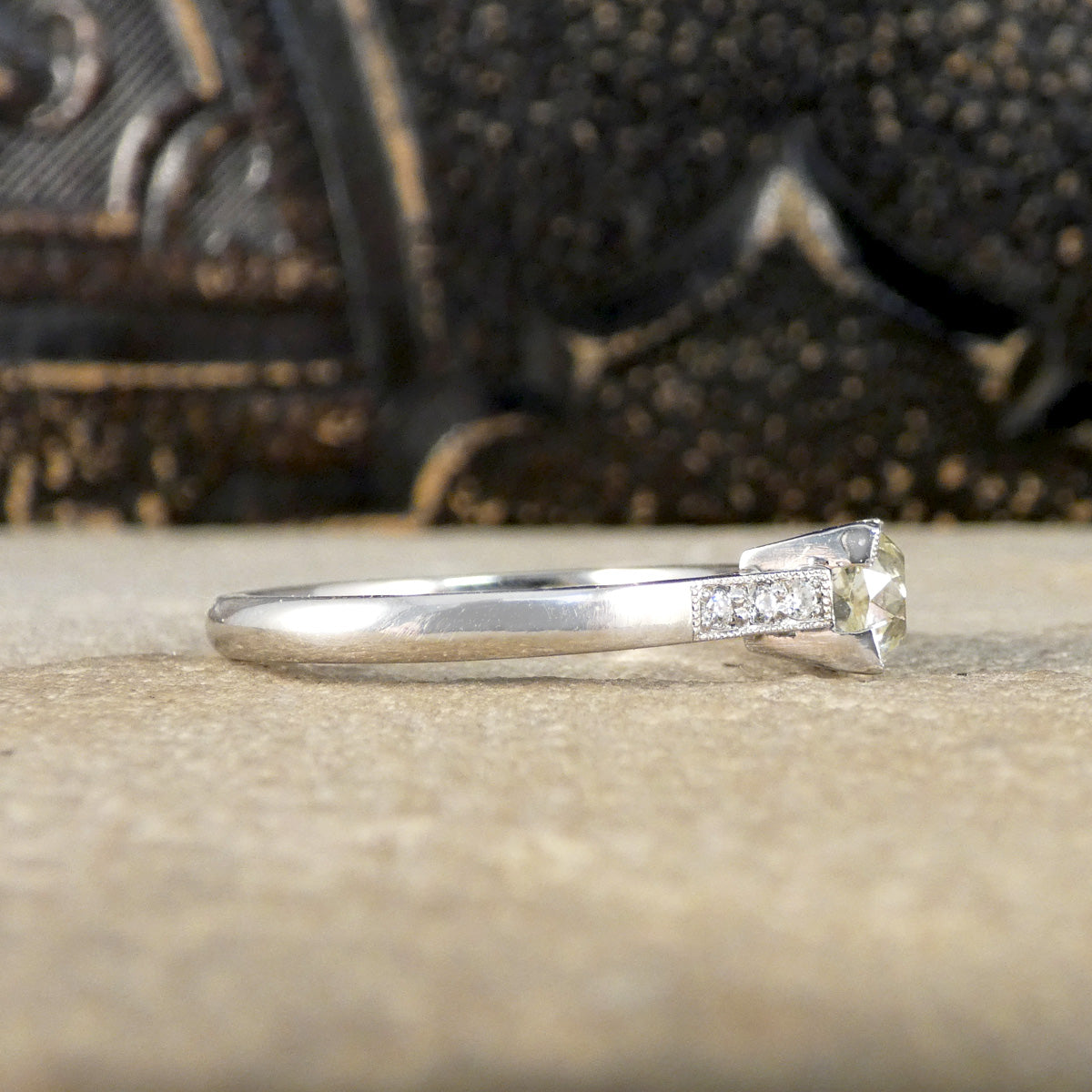 Champagne Old Cushion Cut Diamond Solitaire with Diamond set Shoulders in Platinum - Wharfedale Antiques