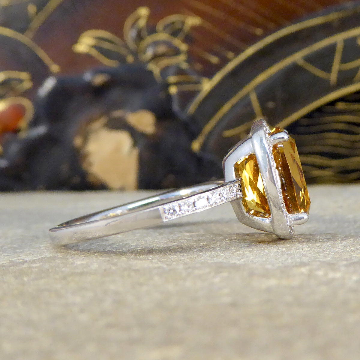 Firey 3.80ct Cushioned Citrene and Diamond Cluster Ring with Diamond Shoulders in 18ct White Gold - Wharfedale Antiques
