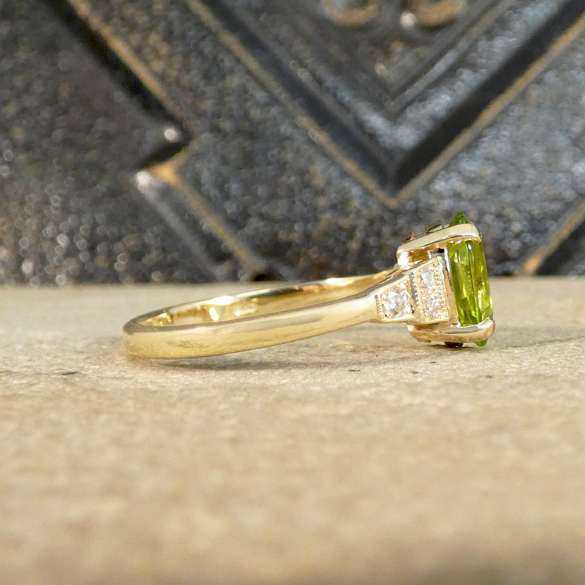 Side profile of contemporary ring crafted in a period Art Deco style in 9ct Yellow Gold.