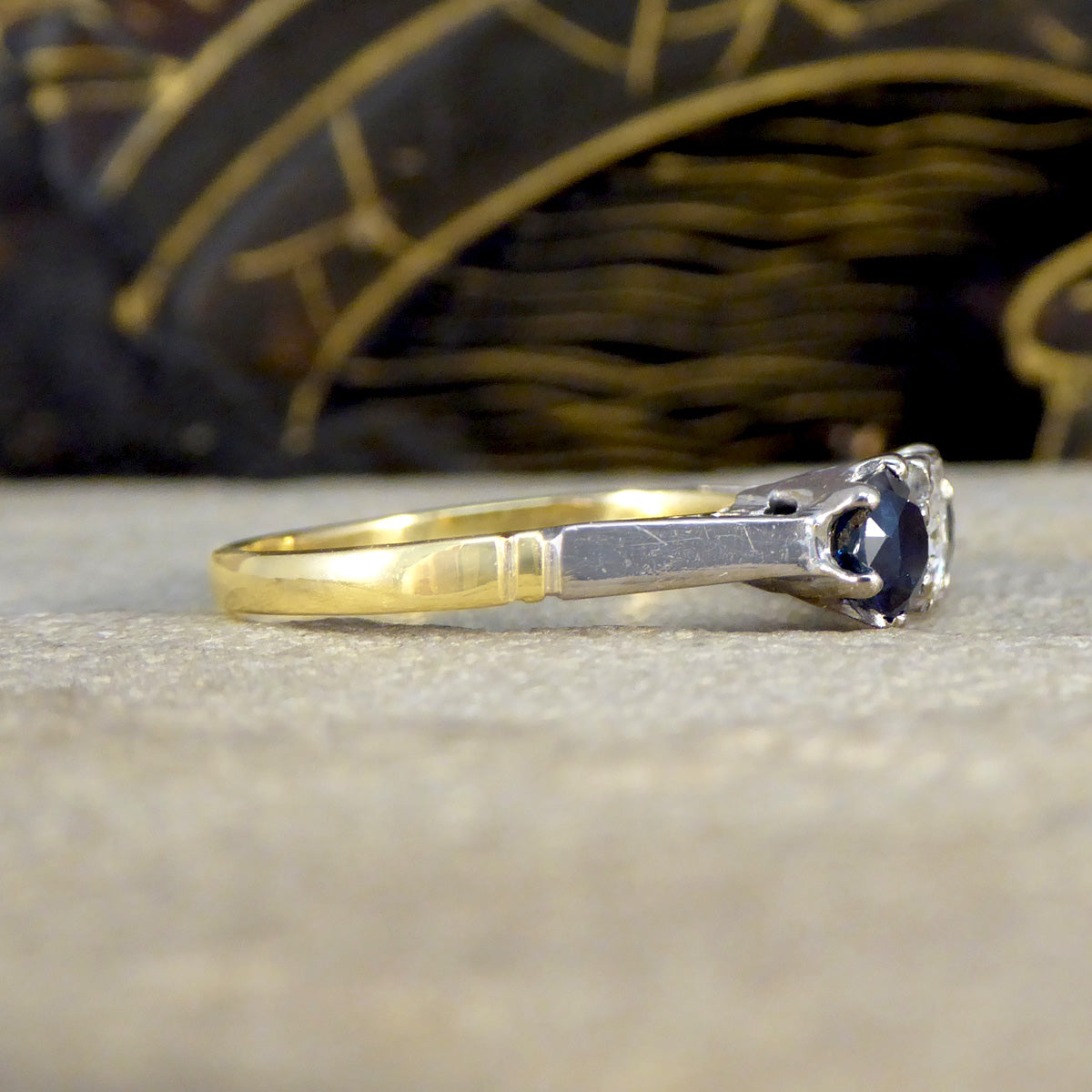 Vintage Sapphire and Diamond Three Stone Ring in 18ct Yellow Gold - Wharfedale Antiques