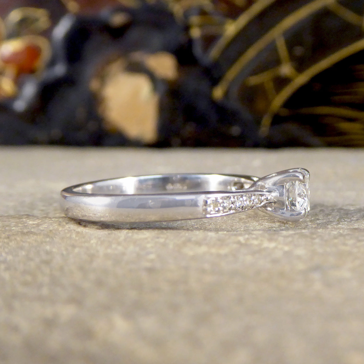Classic Diamond Solitaire Engagement Ring with Diamond Shoulders in 18ct White Gold - Wharfedale Antiques