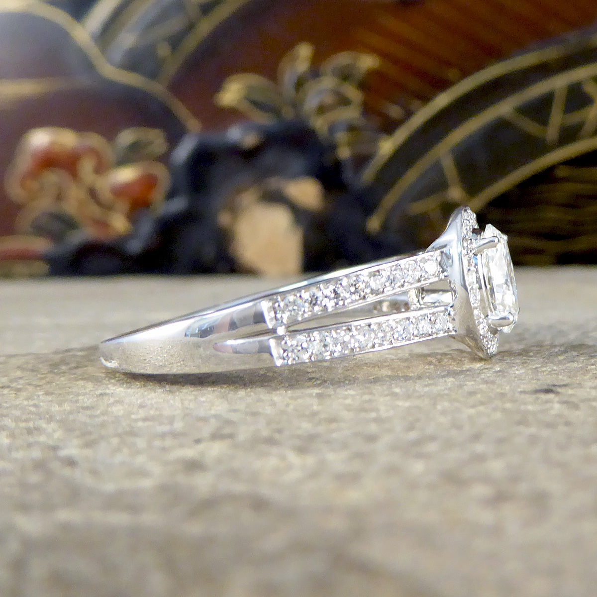 Oval Cut Diamond Cluster Ring with Diamond Set Double Strand Shoulders in 18ct White Gold