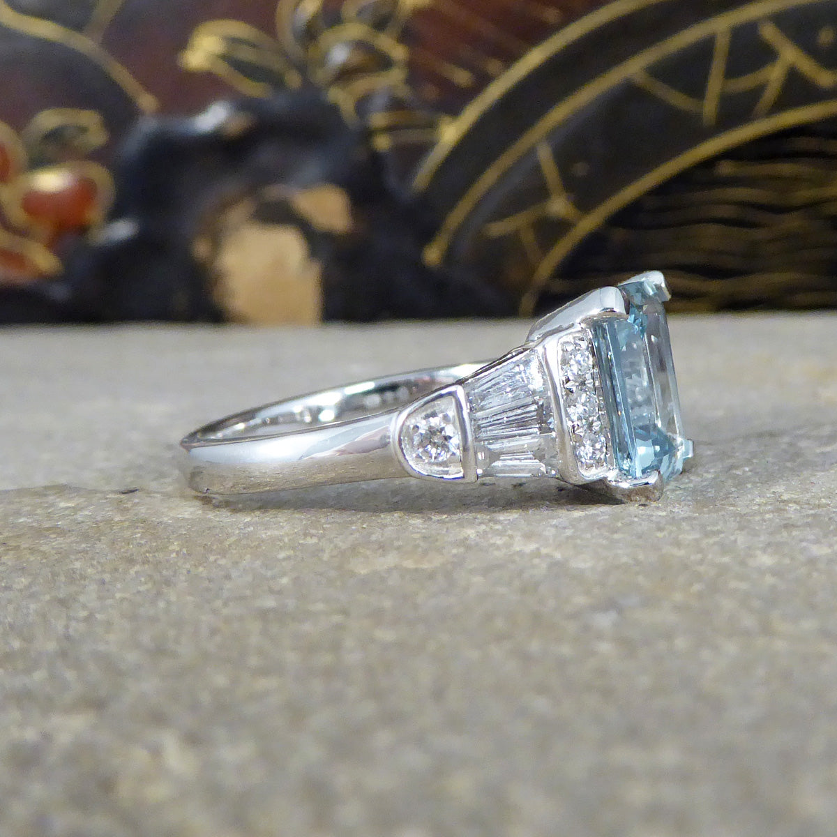 Modern 1.78ct Aquamarine and Diamond Staged Band Ring in Platinum - Wharfedale Antiques