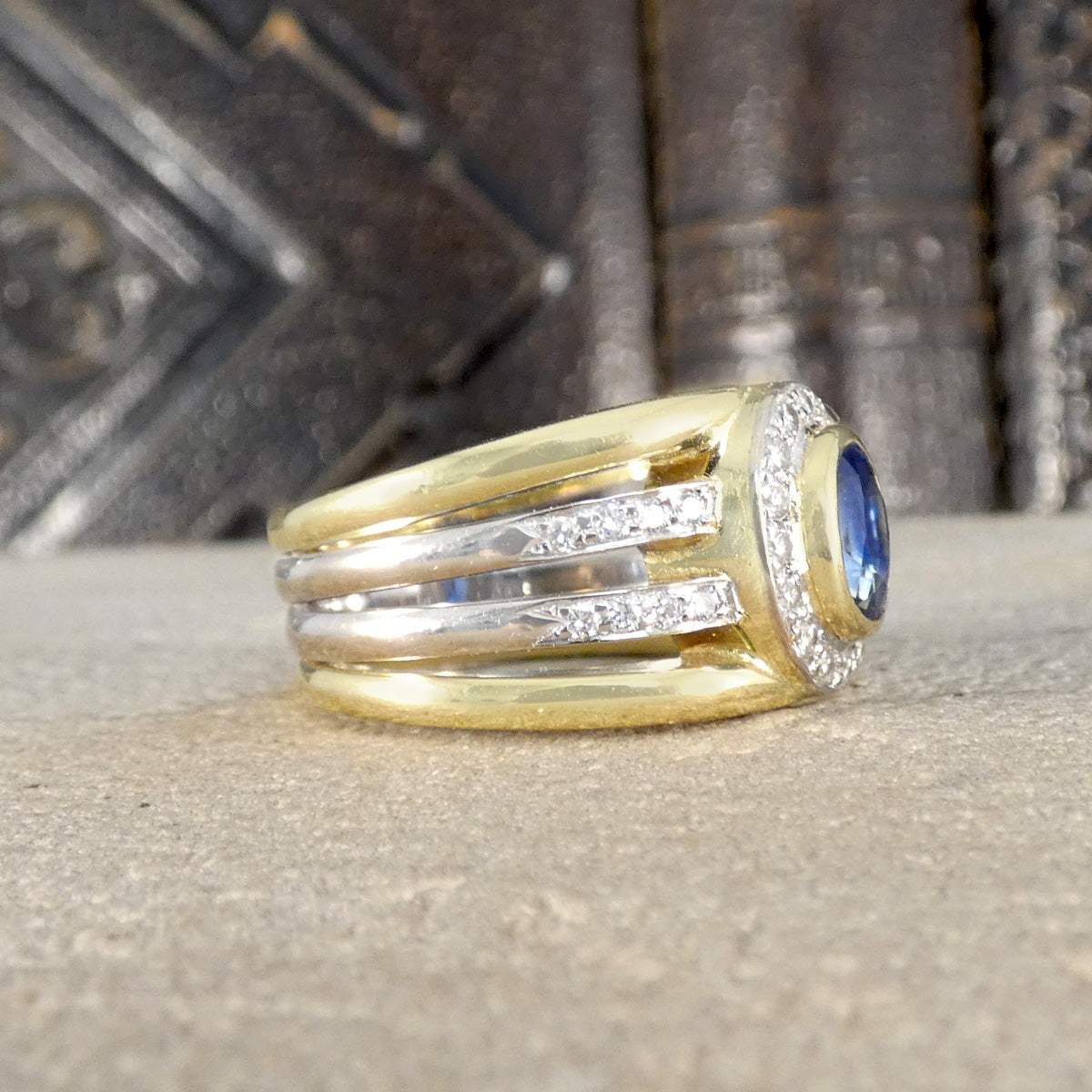 Side profile of Sapphire and Diamond Four Strand Chunky Dress Ring in 18ct Gold.
