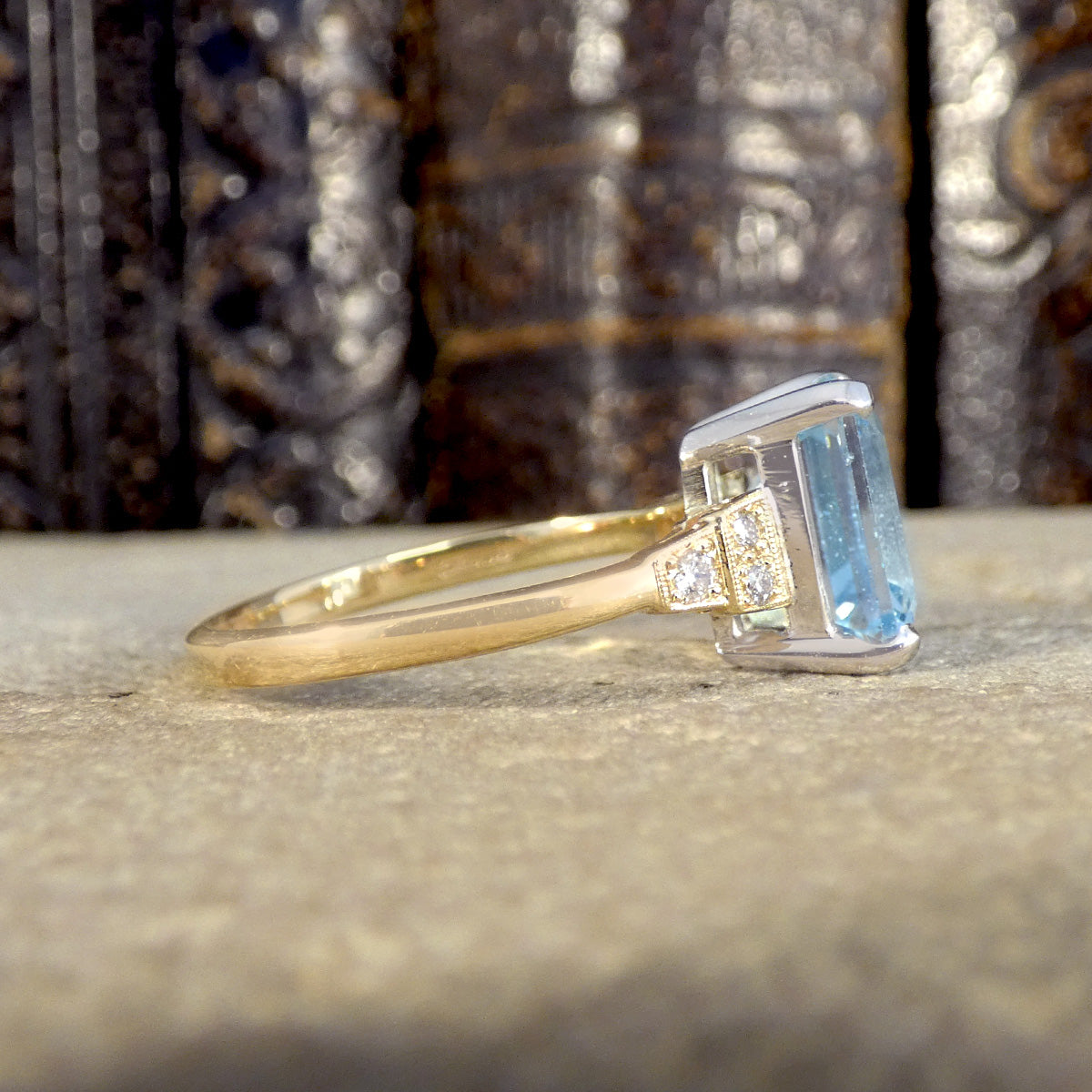 Art Deco Inspired 4.19ct Blue Topaz and Diamond Ring in White and Yellow Gold - Wharfedale Antiques