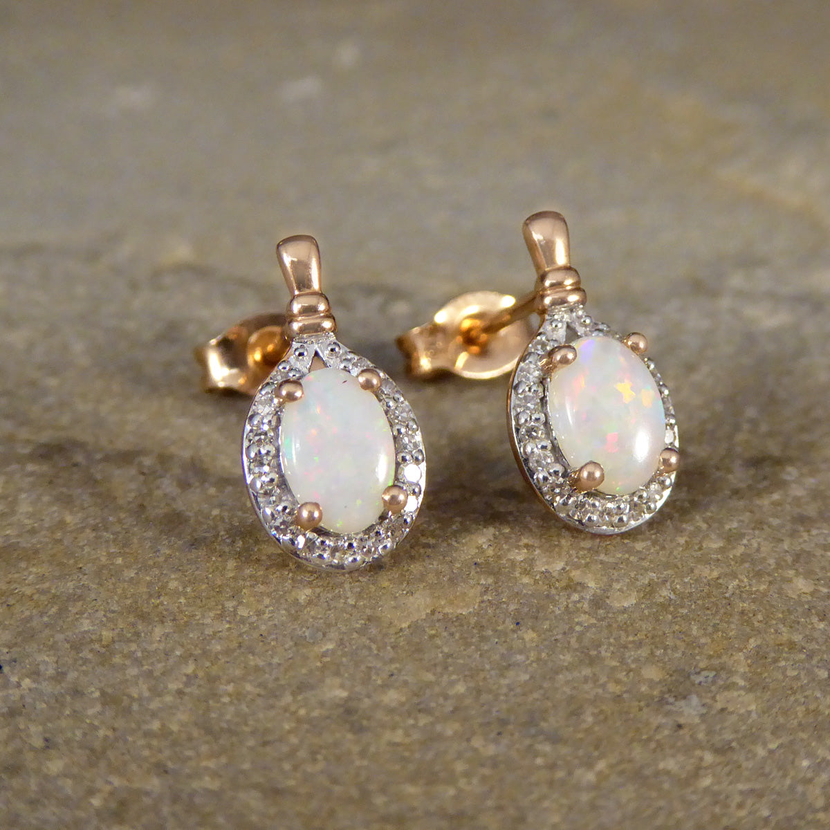 Opal and Diamond Cluster Drop Earrings in Rose Gold - Wharfedale Antiques