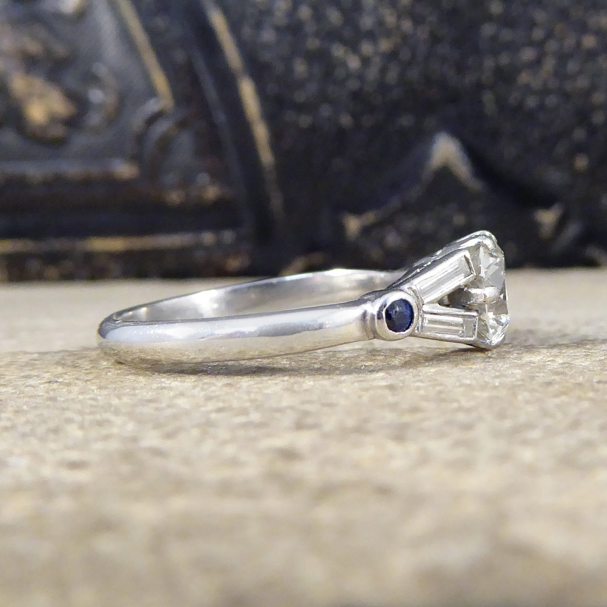 Art Deco 1.10ct Diamond Solitaire Engagement Ring with Diamond and Sapphire Shoulders in Platinum - Wharfedale Antiques