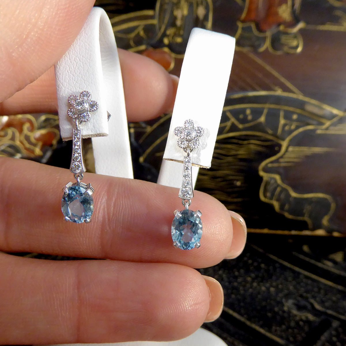 Aquamarine and Diamond Belle Epoque Inspired Drop Earrings in 18ct White Gold - Wharfedale Antiques