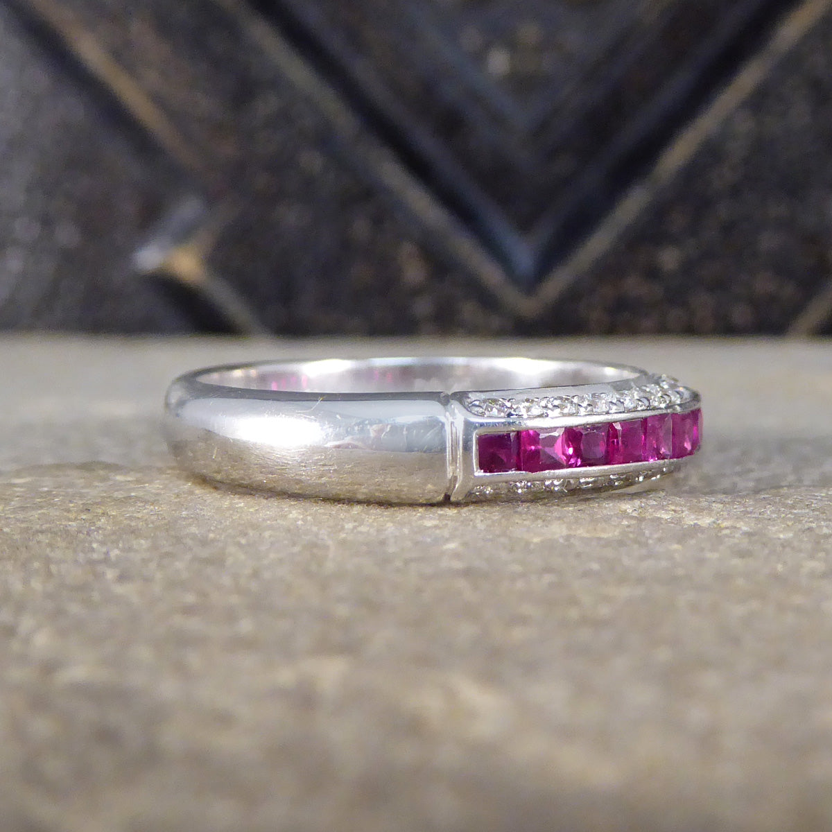 Ruby and Diamond Half Eternity Domed Ring in 18ct White Gold - Wharfedale Antiques