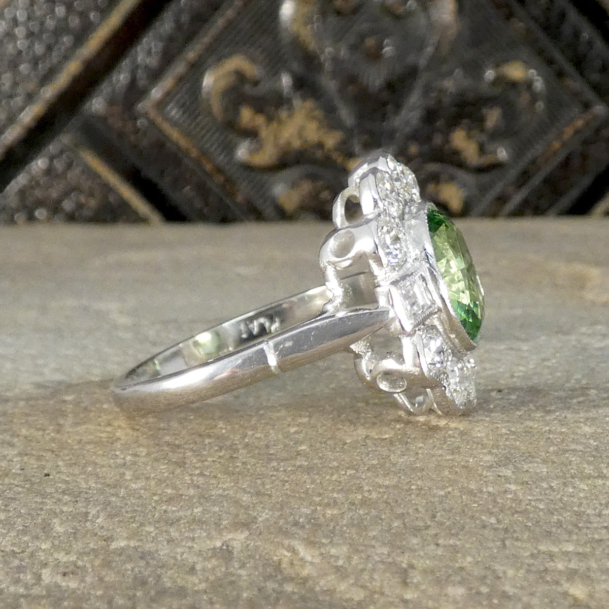 Edwardian Style 2.51ct Green Garnet and 1.20ct Diamond Cluster Ring in Platinum - Wharfedale Antiques