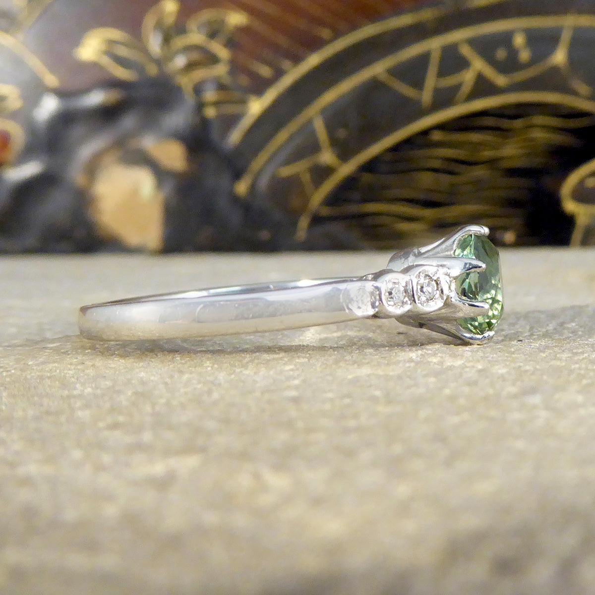 Enchanting Green Tourmaline Ring with Diamond Shoulders in 18ct White Gold - Wharfedale Antiques