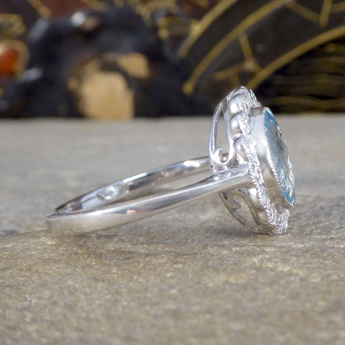 Vintage style 1.69ct Aquamarine and Diamond Cluster Ring in 18ct White Gold - Wharfedale Antiques