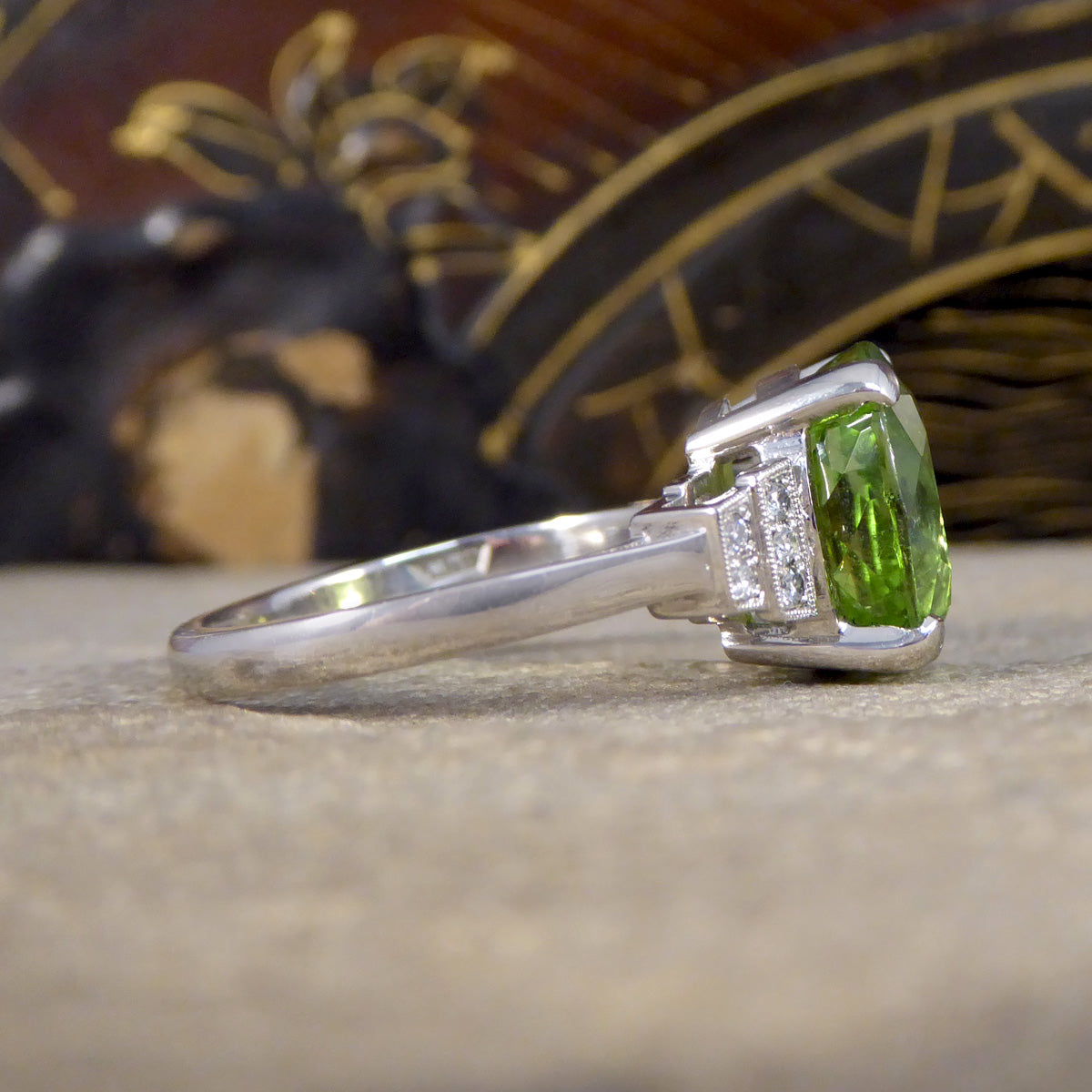 Green Tourmaline Ring with Diamond Staged Shoulders in Platinum - Wharfedale Antiques