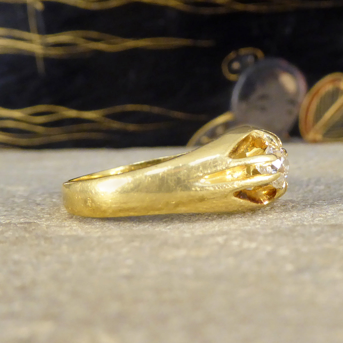 Late Victorian Old Cushion Cut Diamond Belcher Set Ring in 18ct Yellow Gold - Wharfedale Antiques