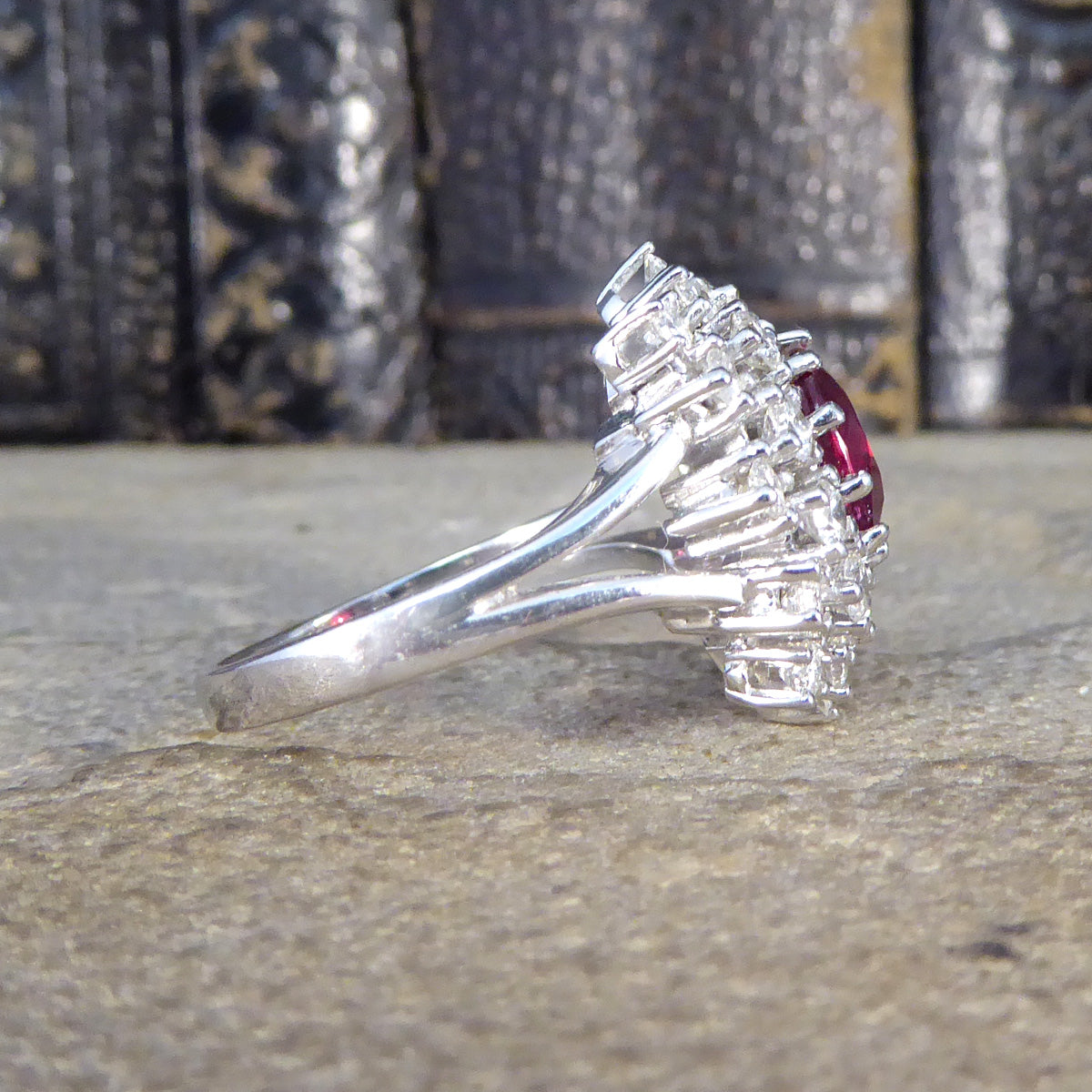 Contemporary 1.80ct No Heat Ruby and 1.28ct Diamond Double Cluster Ring in 18ct White Gold - Wharfedale Antiques