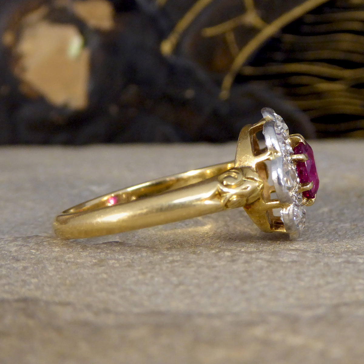 Late Victorian No Heat Burma Ruby and Diamond Cluster Ring in 18ct Yellow Gold