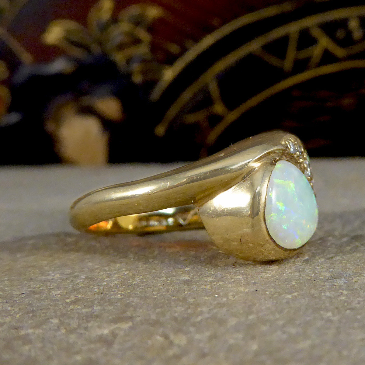 Vintage Pear Cut Opal and Diamond Toi Et Moi Style Ring in Yellow Gold