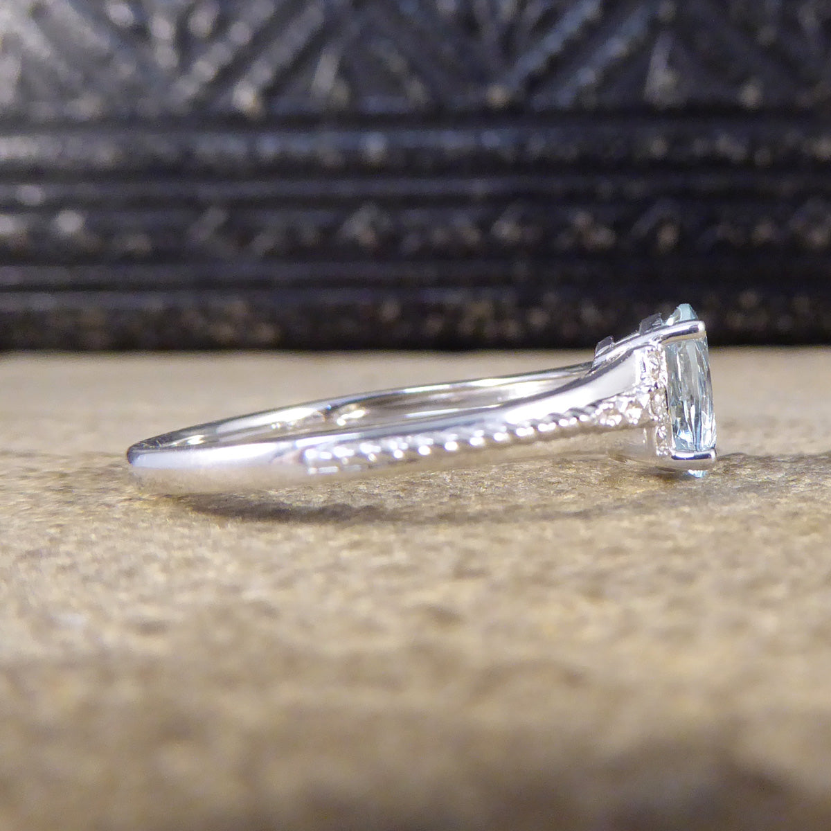 Solitaire Aquamarine and Diamond Illusion Set Ring in White Gold - Wharfedale Antiques
