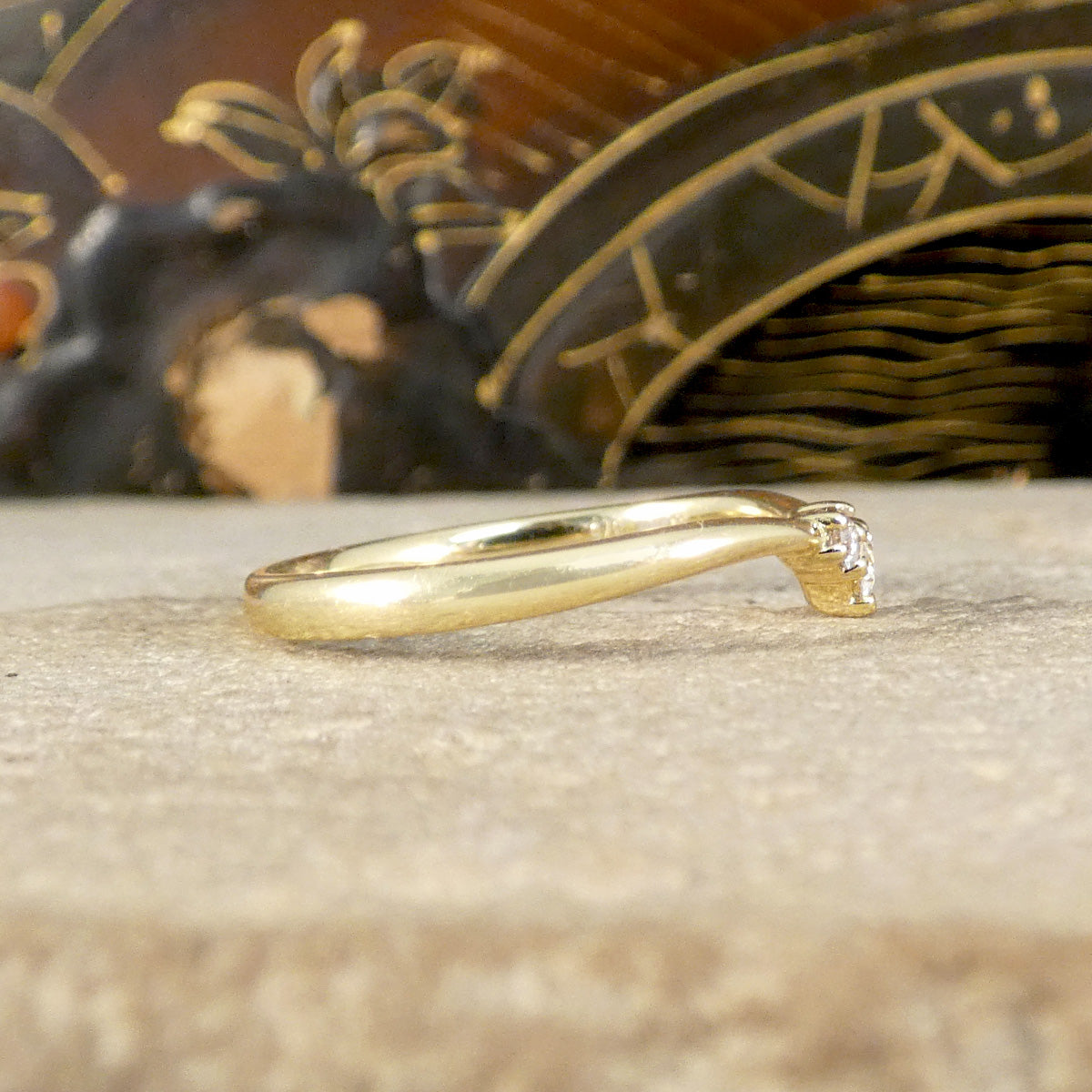 Fine and Dainty Diamond Set Mini Wishbone Ring in Yellow Gold - Wharfedale Antiques