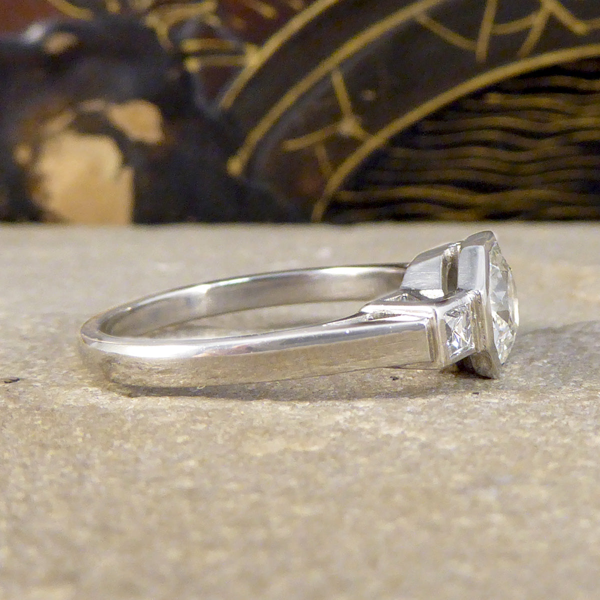 Old European and French Cut Diamond Octagon Design Three Stone Ring in Platinum - Wharfedale Antiques