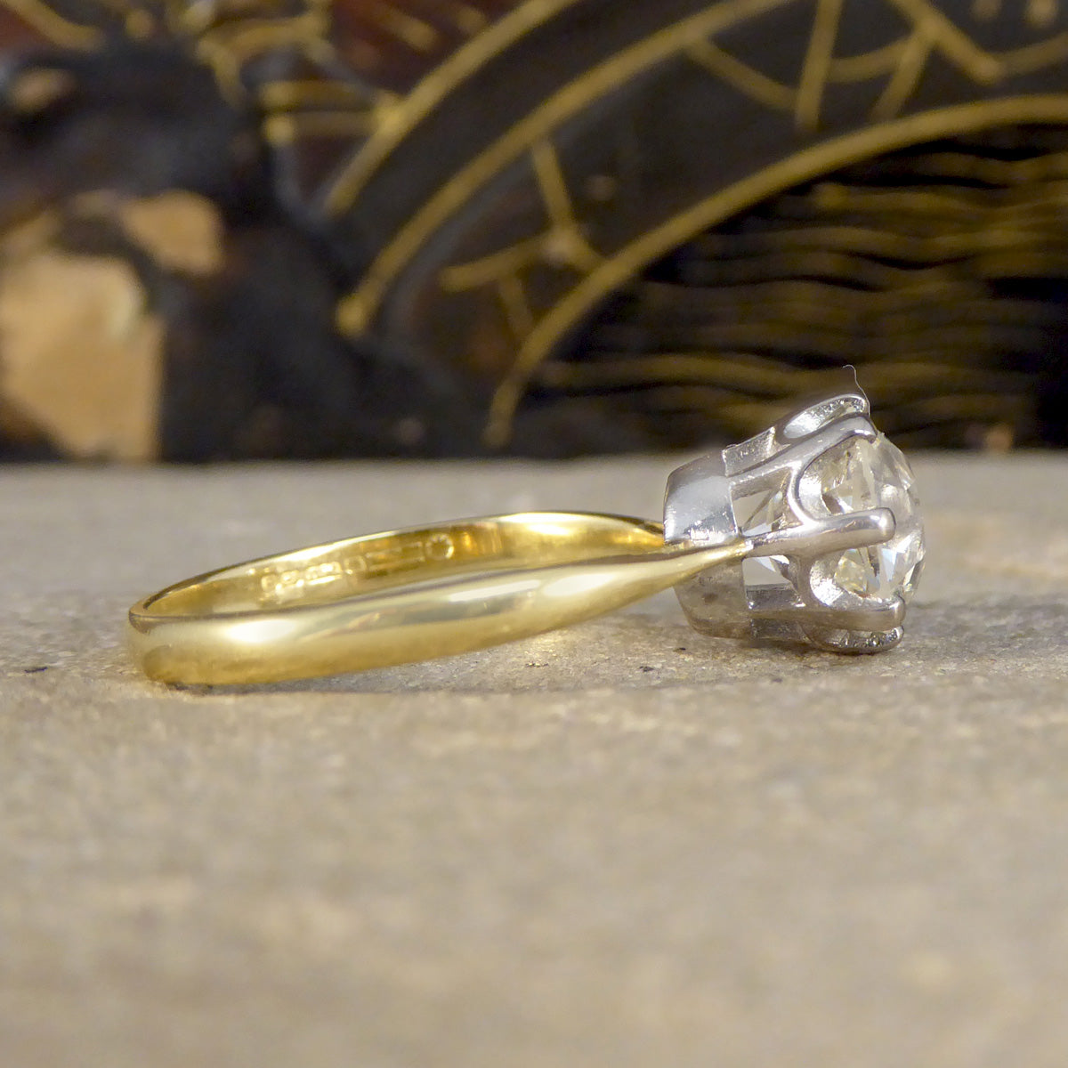 Over 2ct Old Cushion Cut Diamond Hight Set Solitaire Ring in 18ct Yellow and White Gold