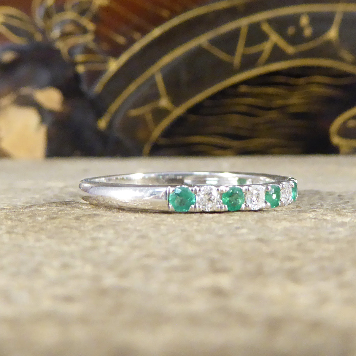 Emerald and Diamond Half Eternity Ring in White Gold - Wharfedale Antiques