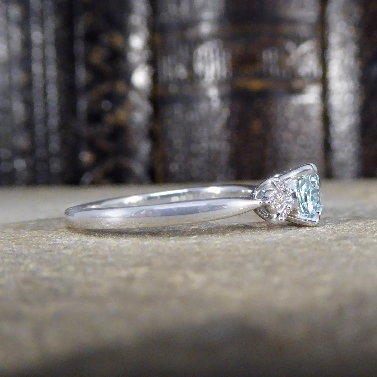 Dainty Aquamarine Ring with Diamond Set Shoulders in White Gold - Wharfedale Antiques