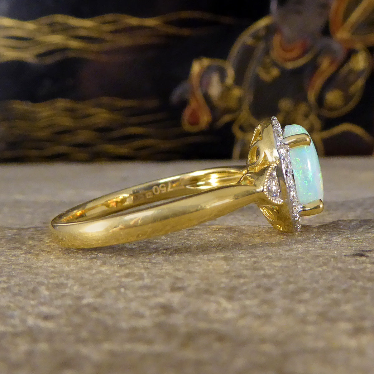 Modern Opal and Diamond Cluster Ring in 18ct Yellow Gold