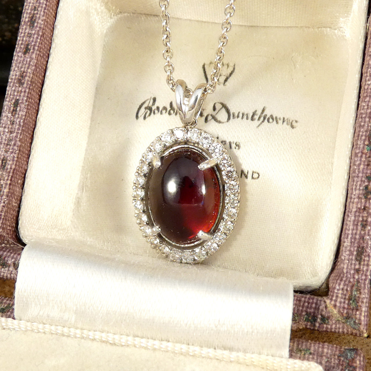 Cabochon Garnet and Diamond Halo Pendant Necklace in 18ct White Gold - Wharfedale Antiques