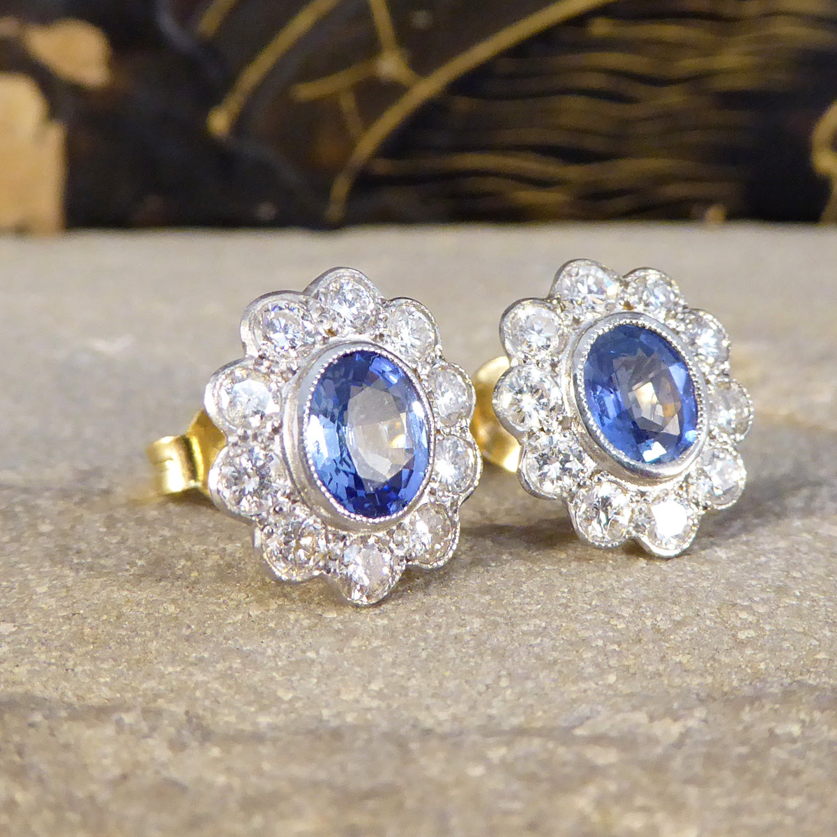 Edwardian Inspired Sapphire and Diamond Cluster Earrings in 18ct Gold - Wharfedale Antiques