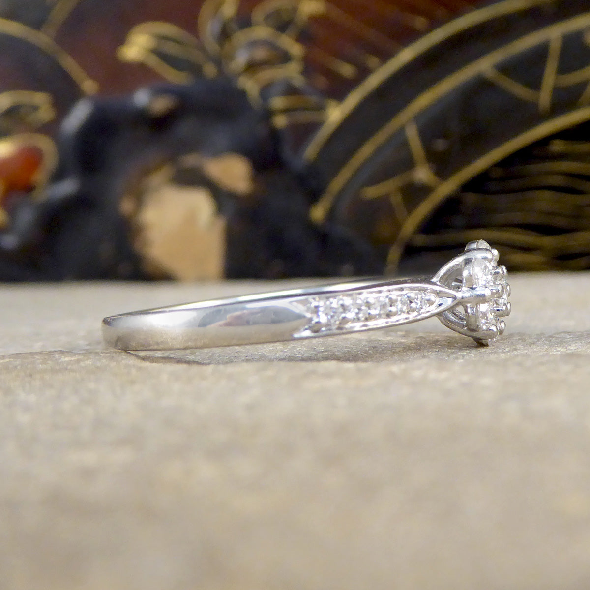 Daisy Diamond Cluster Ring with Diamond Shoulders in Platinum - Wharfedale Antiques