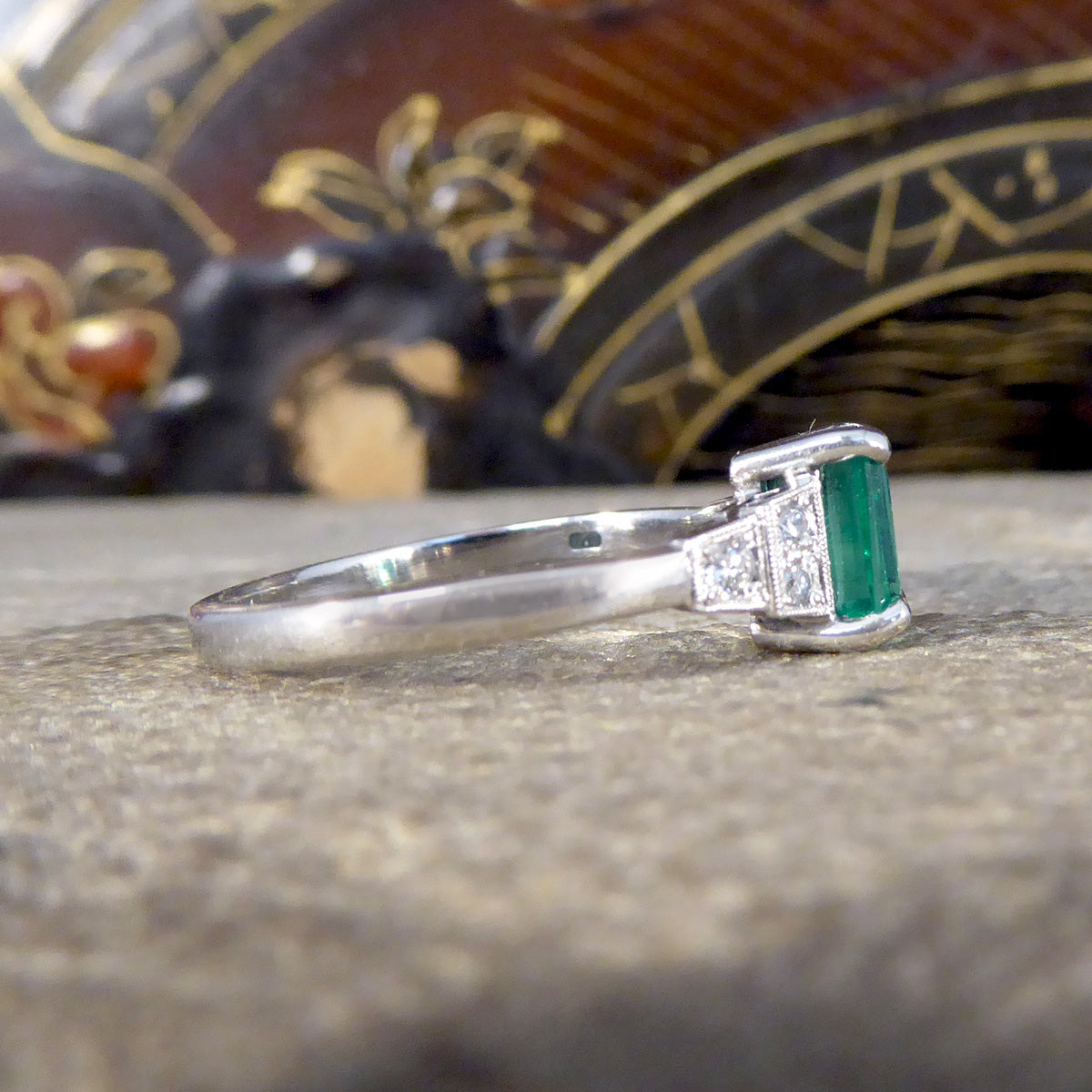 Art Deco Replica Emerald and Diamond Staged Shoulder Ring in Platinum - Wharfedale Antiques
