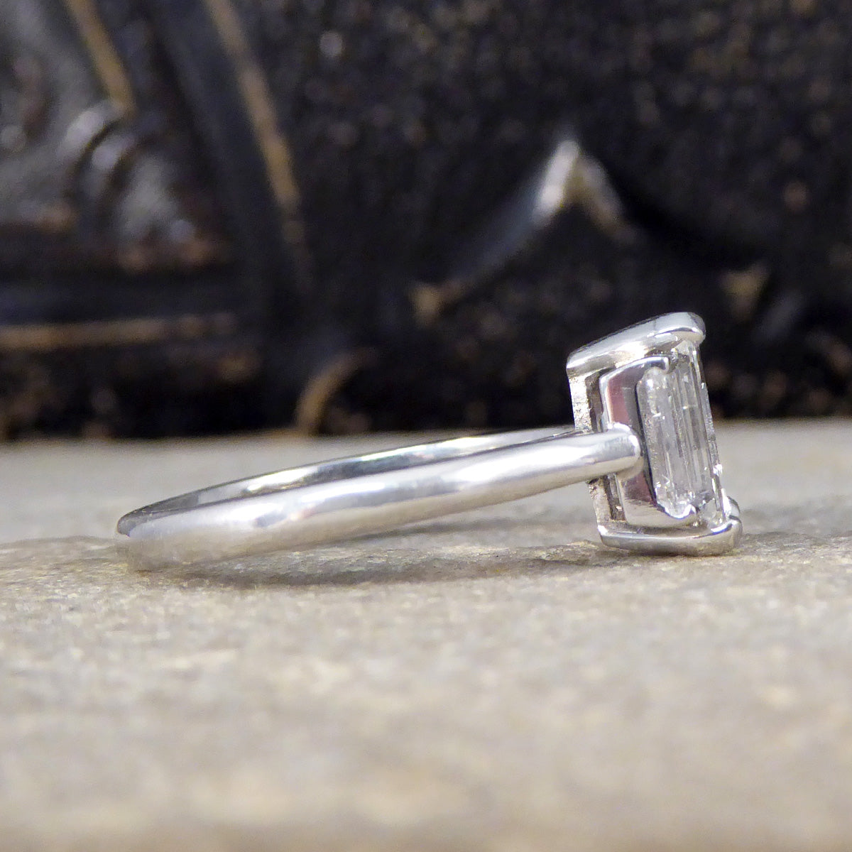 2.57ct Emerald and Baguette Cut Three Stone Ring in Platinum - Wharfedale Antiques