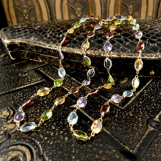 Multi Gem Colourful Bezel Set Necklace in 18ct Yellow Gold - Wharfedale Antiques