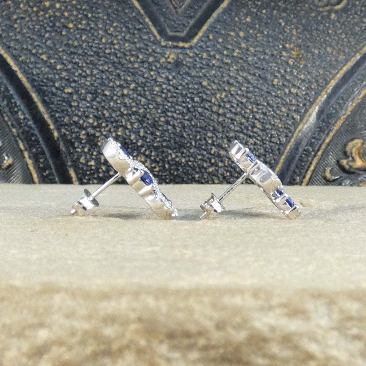 Ceylon Sapphire and Diamond Three Stone Lazy River Earrings in Platinum - Wharfedale Antiques