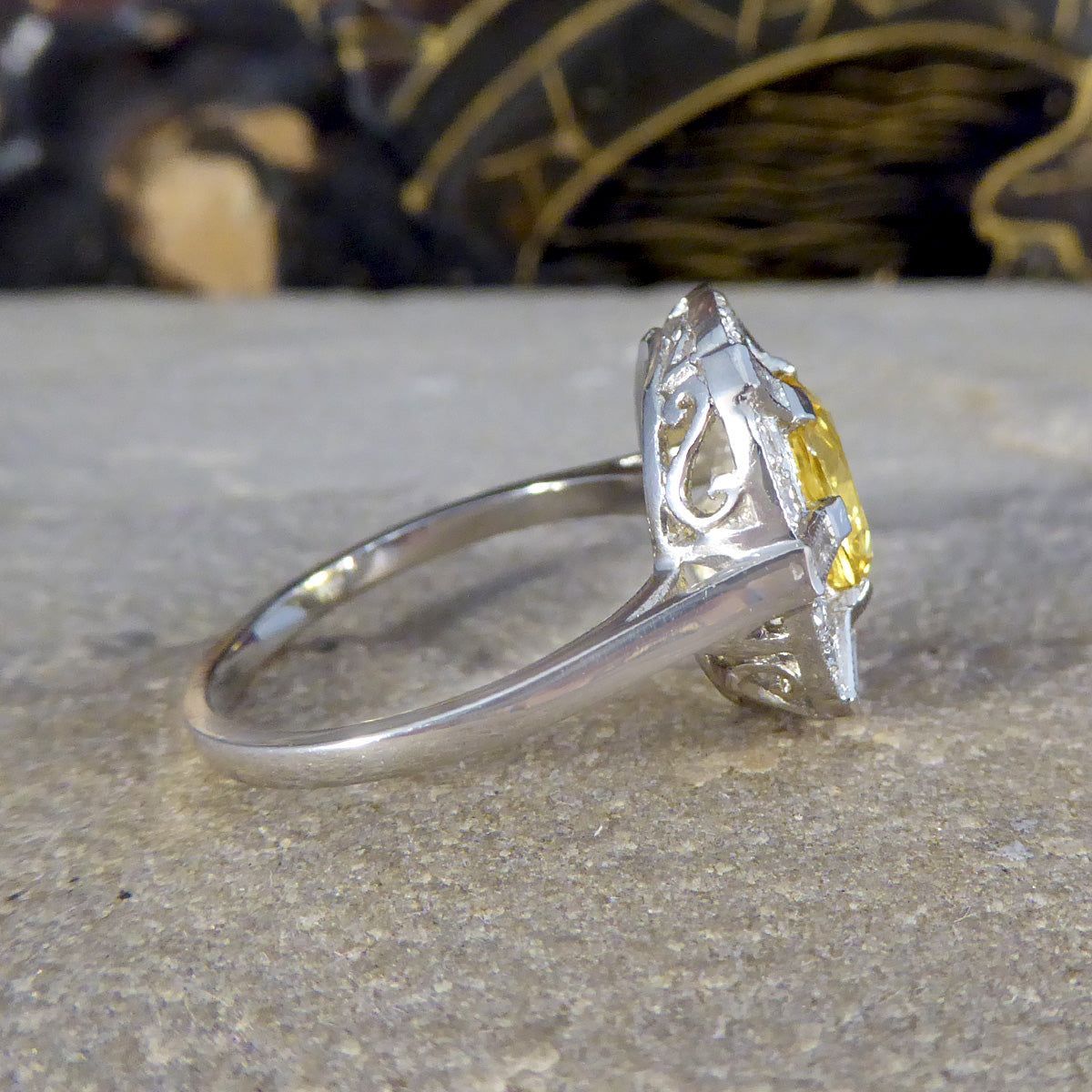 Art Deco Inspired Yellow Sapphire and Diamond Sunshine Cluster Ring in Platinum - Wharfedale Antiques